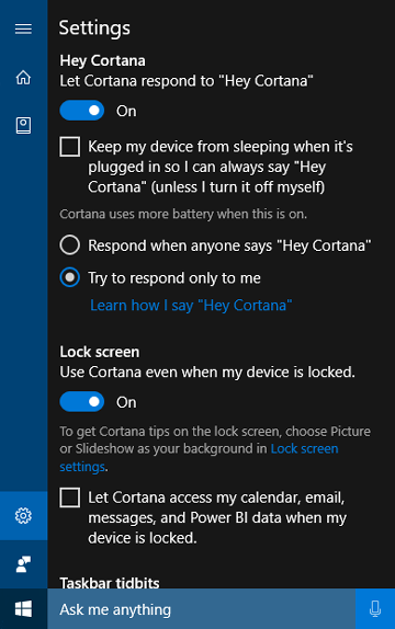 Screenshot delle impostazioni desktop di Cortana per l'spotter delle parole chiave hardware e la funzionalità voce di riattivazione.