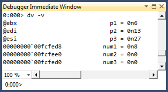 Screenshot dell'output del comando che visualizza i percorsi dei parametri e delle variabili locali usando il comando dv -v.