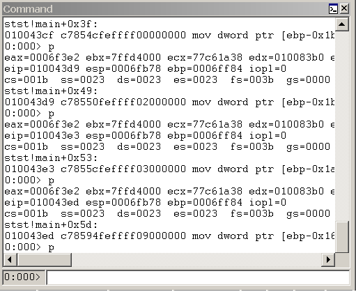 Screenshot di una finestra di comando debugger di esempio.