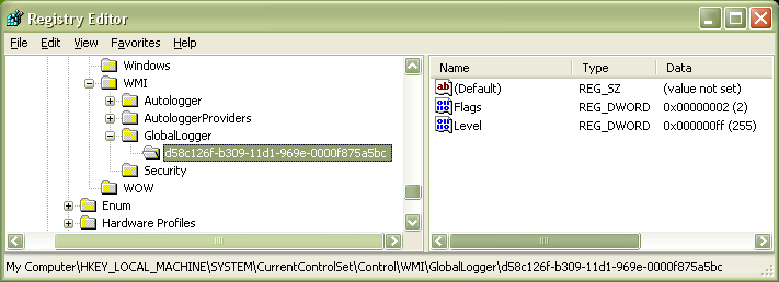 Screenshot della sottochiave di un provider di traccia che accede alla sessione di traccia del Logger globale in Windows XP.