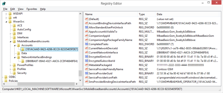 Screenshot delle voci del Registro di sistema per un account mobile broadband analizzato.