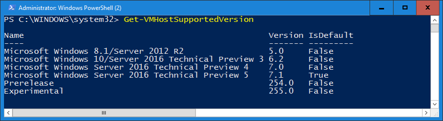 Screencap che mostra l'output del cmdlet Get-VMHostSupportedVersion