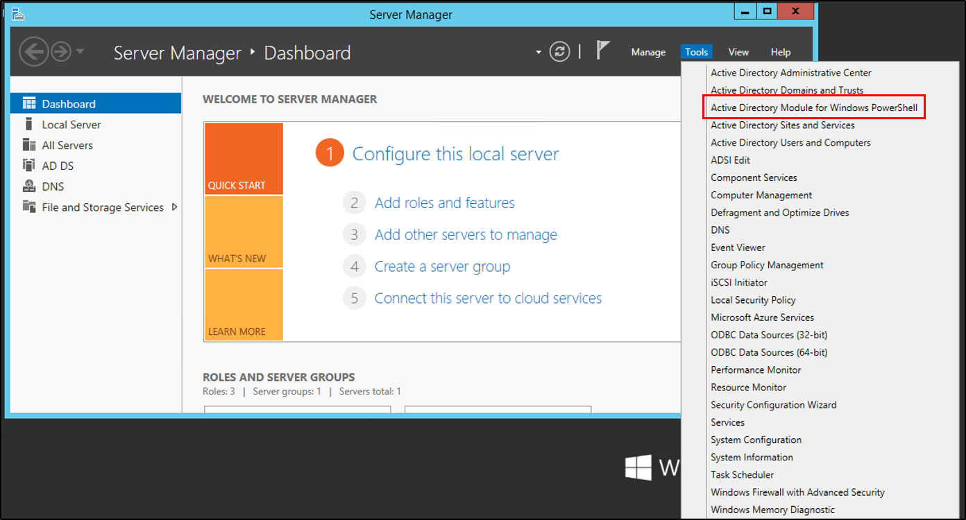 Screenshot of the Tools drop-down list in the Server Manager with the Active Directory Module for Windows PowerShell option called out.