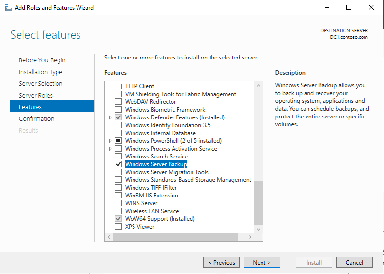 Screenshot che evidenzia l'opzione di Windows Server Backup selezionata.