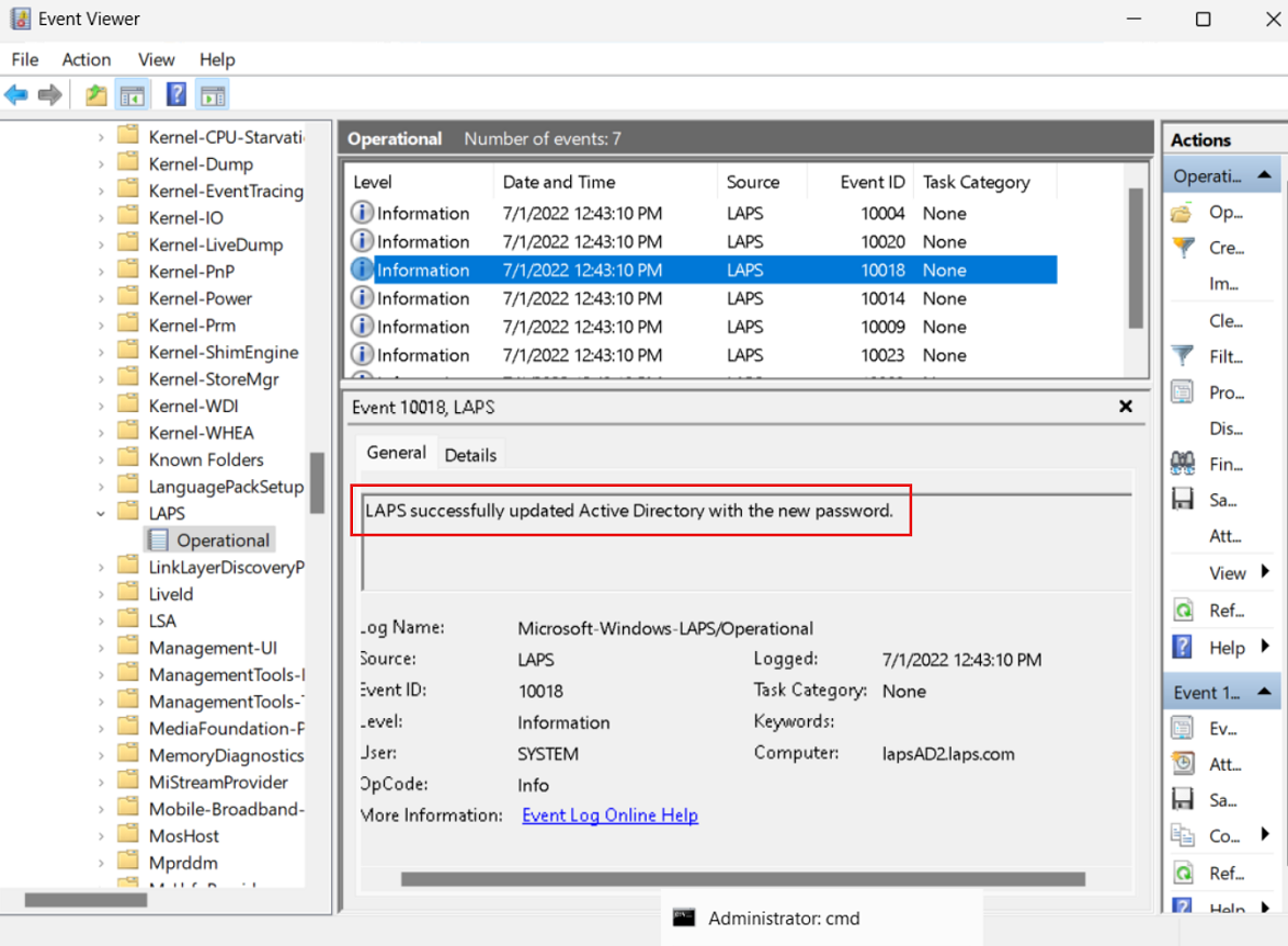 Screenshot del registro eventi che mostra un messaggio corretto del registro eventi di aggiornamento password di Windows Server Active Directory.