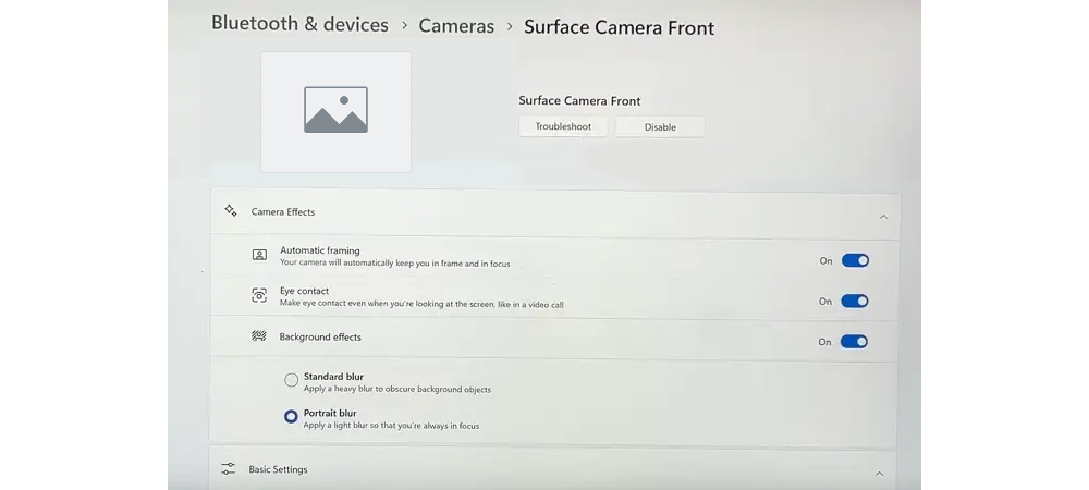 Screenshot delle impostazioni della fotocamera di Windows Studio Effects