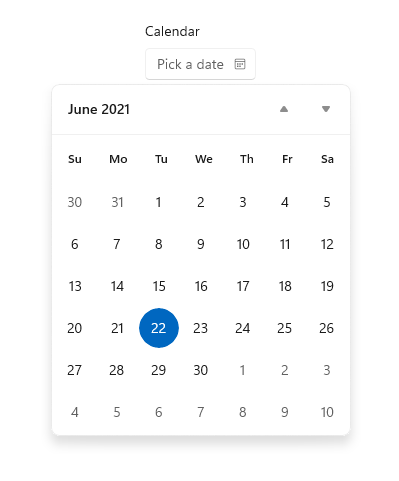 Screenshot di un controllo selezione data del calendario che mostra una casella di testo vuota per la selezione di una data e una casella sottostante popolata con un calendario.