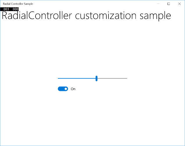 Screenshot dell'esempio di controller radiale con il dispositivo di scorrimento orizzontale impostato al centro.