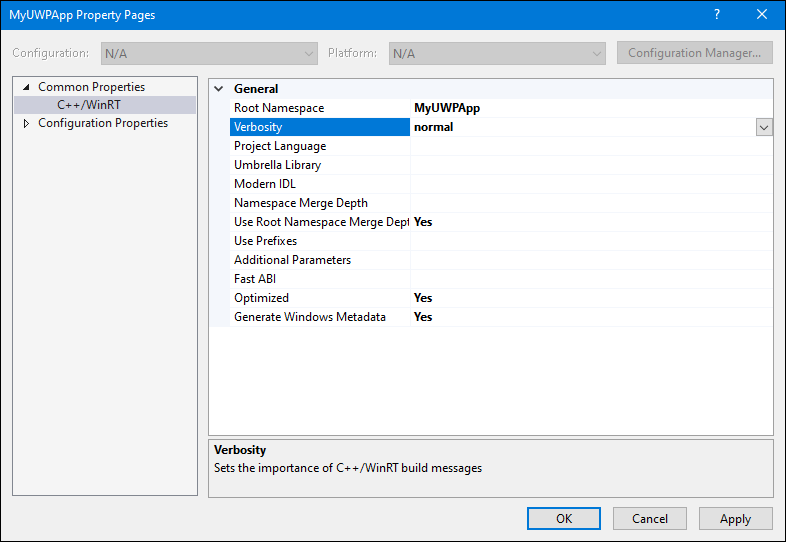 C++/WinRT project properties