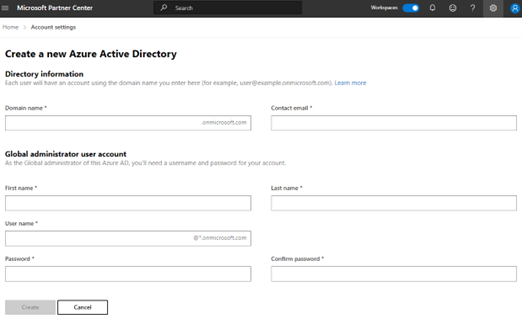 Screenshot che mostra il modulo per creare una nuova istanza di Azure Active Directory, incluso il campo per specificare le informazioni sulla directory e l'account utente amministratore globale.