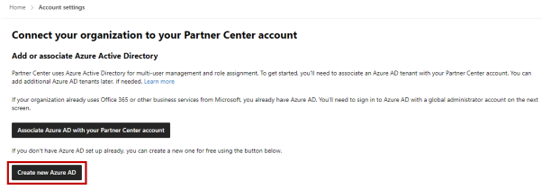 Screenshot che mostra l'opzione Crea nuova istanza di Azure AD dalle impostazioni tenant del Centro per i partner.