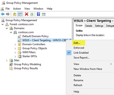 Selezionare l'anello WSUS 4 e modificarlo in Criteri di gruppo.