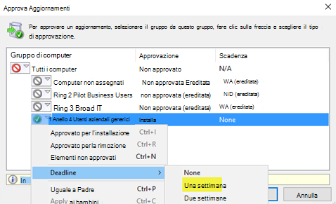 Selezionare una scadenza di una settimana nella console di amministrazione di WSUS.