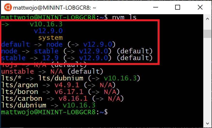 Elenco NVM che mostra le versioni di Node corrente e LTS