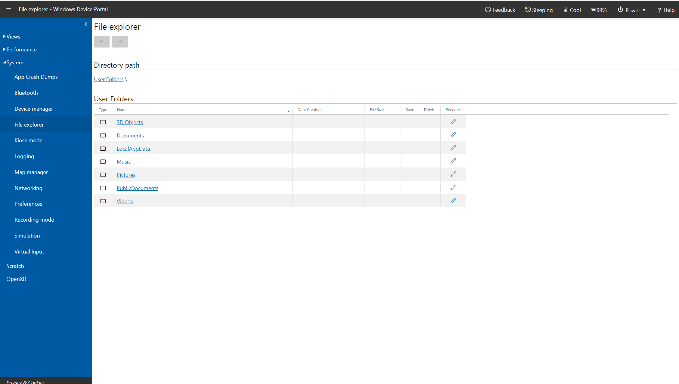 Pagina File Explorer (Esplora file) del Portale di dispositivi di Windows in Microsoft HoloLens