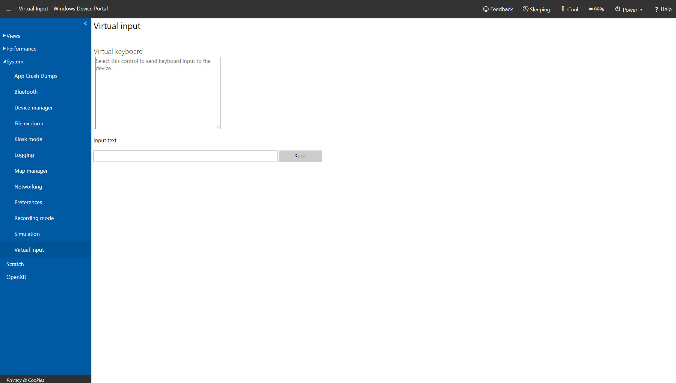 Pagina Virtual Input (Input virtuale) del Portale di dispositivi di Windows in Microsoft HoloLens