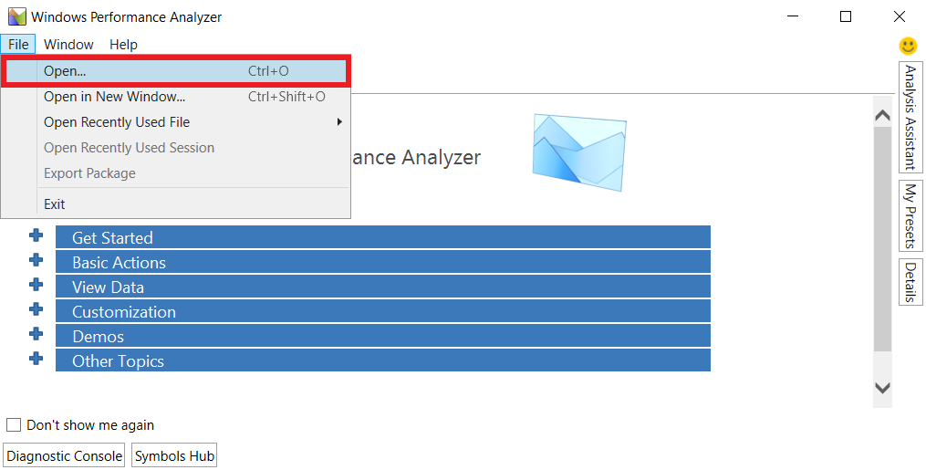 Immagine di WPA con menu File espansa e Azione Apri selezionata.