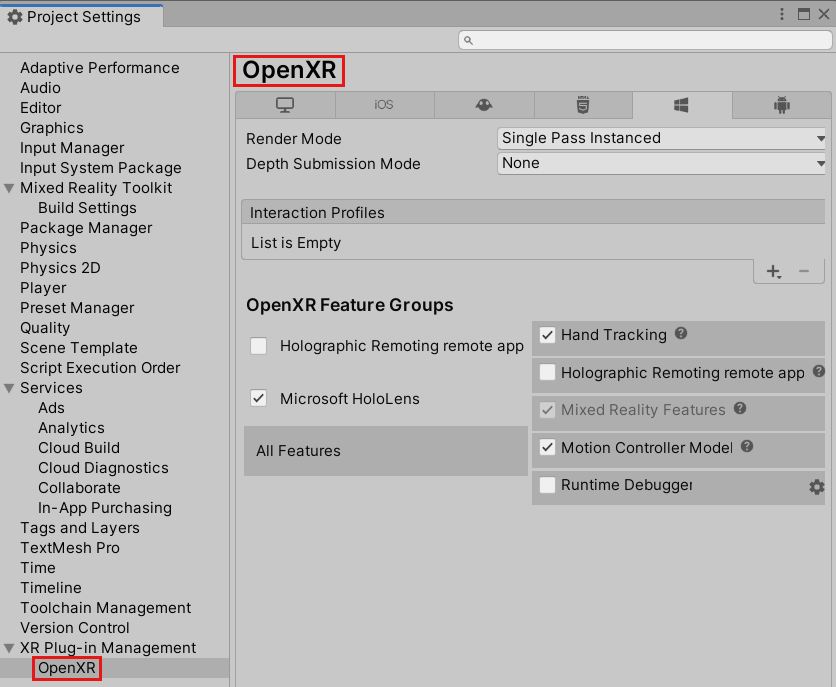 Screenshot della finestra Project Settings con le impostazioni di OpenXR visualizzate.