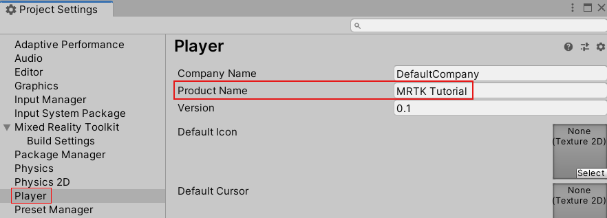 Screenshot di Publishing Settings per Unity con la casella del nome del progetto compilata.