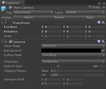 Fotocamera nel riquadro Inspector (Controllo) in Unity