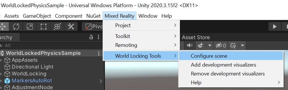 Editor unity con menu Realtà mista Toolkit selezionato