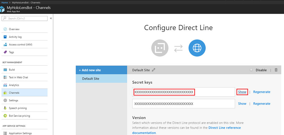 Screenshot delle chiavi segrete evidenziate in MyHoloLensBot Configure Direct Line channel (Configurare il canale Direct Line).