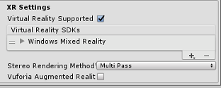 Screenshot che mostra l'opzione Virtual Reality Supported enabled e Windows Realtà mista S D K aggiunta.