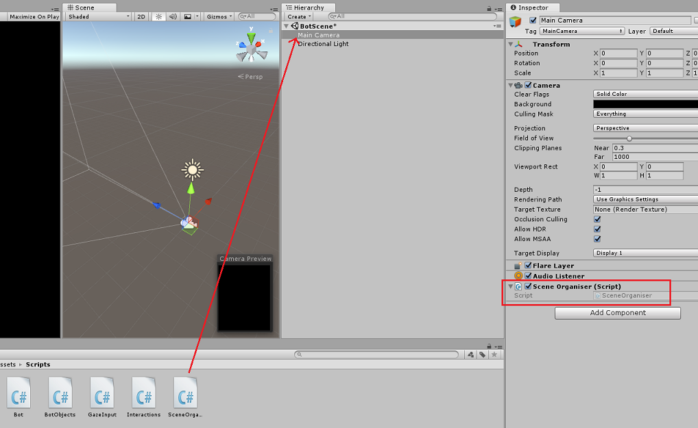 Screenshot che mostra lo script Scene Organizer da aggiungere all'oggetto Fotocamera principale nell'editor di Unity.