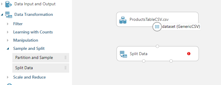 Screenshot della finestra Esperimento, che mostra le voci Partition e Sample e Split Data nel menu con Split Data applicato all'area di disegno.