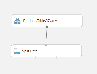 Screenshot dell'area di disegno dell'esperimento, che mostra una connessione disegnata tra Products Table C V V v s v e Split Data.