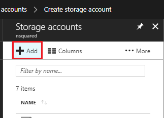 Screenshot della finestra di Microsoft Azure, che mostra la schermata Account di archiviazione e il pulsante Aggiungi evidenziato.