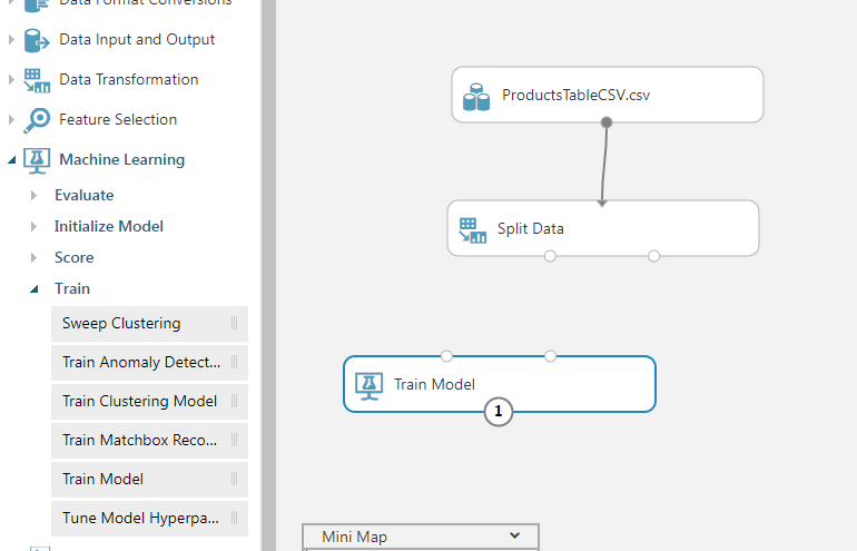 Screenshot dell'area di disegno dell'esperimento, che mostra una connessione disegnata tra Products Table C V V v s v e Split Data, con Train Model di seguito.