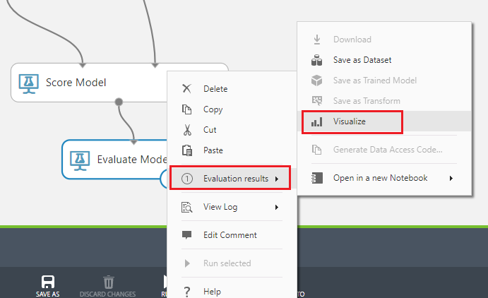 Screenshot del menu di scelta rapida valuta modello, che mostra i risultati della valutazione evidenziati e le voci di menu Visualizza.