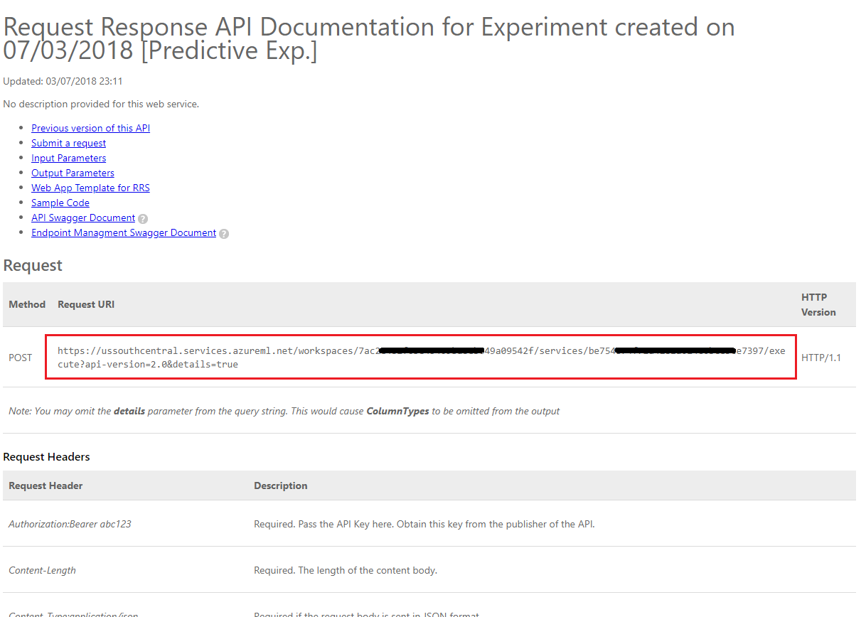 Screenshot della pagina Request Response A P I Documentation (Richiesta risposta A P I) che mostra l'opzione Request U R I evidenziata.