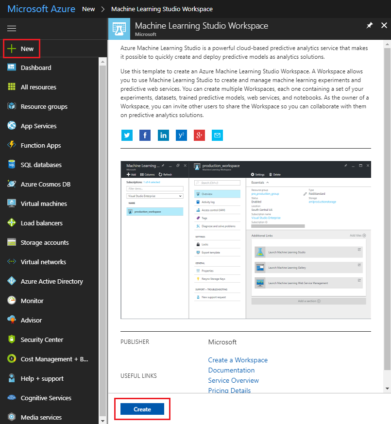 Screenshot della finestra di Microsoft Azure, che mostra l'area di lavoro di Machine Learning Studio nel riquadro del contenuto.