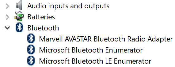 Screenshot di un Gestione dispositivi di esempio. L'adattatore è la radio Bluetooth.