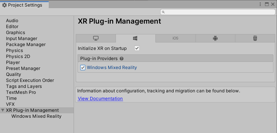 Gestione plug-in XR con scheda Windows selezionata