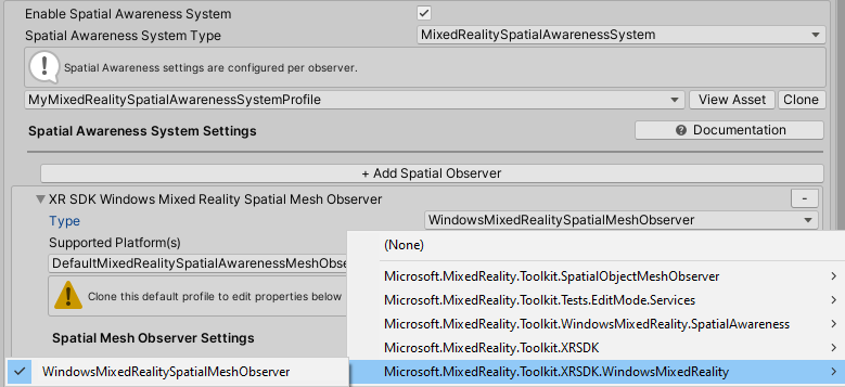 Impostazioni di consapevolezza spaziale di XR SDK