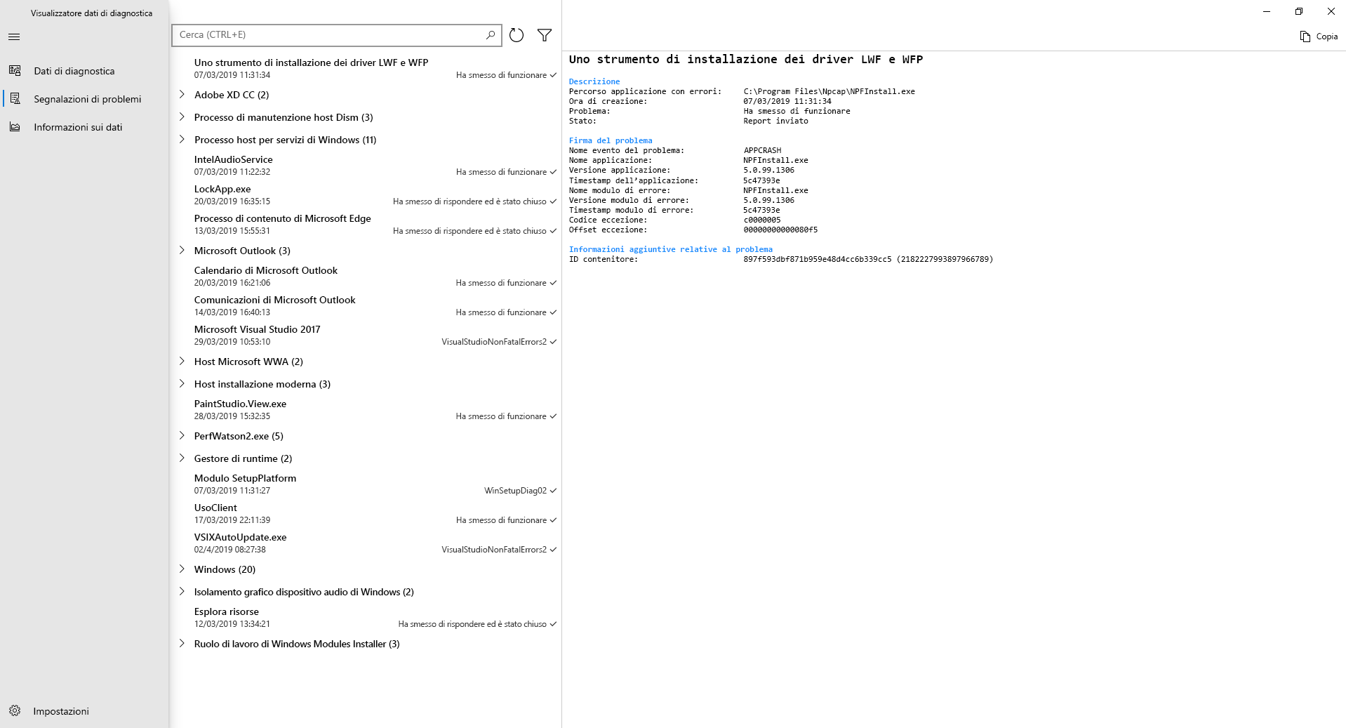 A partire da Windows 1809 e versioni successive e Windows 11, è possibile esaminare Segnalazione errori Windows dati di diagnostica nel Visualizzatore dati di diagnostica.