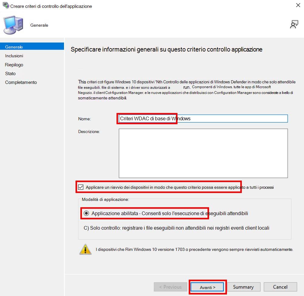 Creare un criterio di controllo delle app applicato in Configuration Manager.