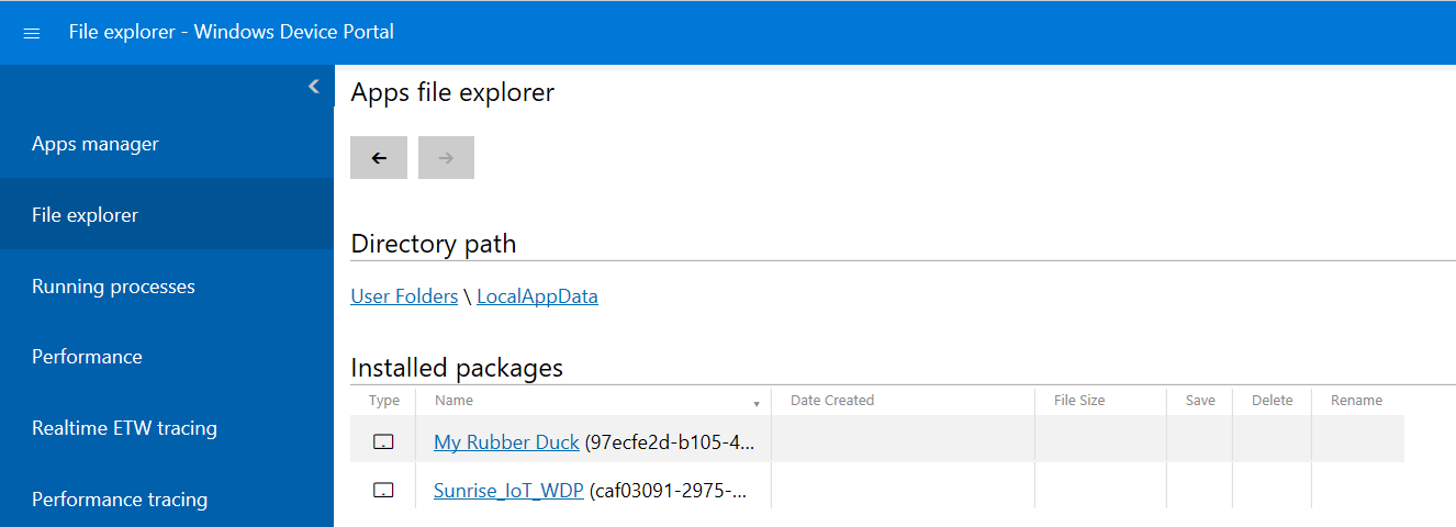 Pagina File explorer (Esplora file) di Portale di dispositivi