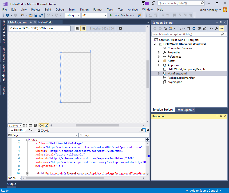 Screenshot di Visual Studio che mostra la visualizzazione Progettazione Main Page X A M L.