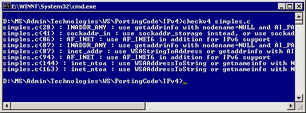 checkv4.exe segnala incompatibilità ipv6 nel file simples.c