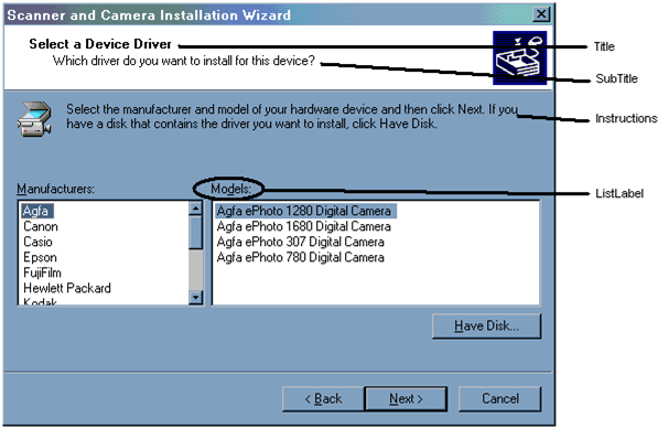 Schermata di una finestra di dialogo Seleziona driver di dispositivo