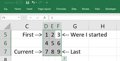 Immagine di un foglio di calcolo di Excel che mostra più celle selezionate. La selezione inizia in alto a destra sulla cella F5 e termina nella parte inferiore sinistra della cella D7.