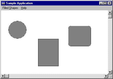 screenshot che mostra un cerchio e due rectagles--uno con angoli quadrati e uno con angoli arrotondati