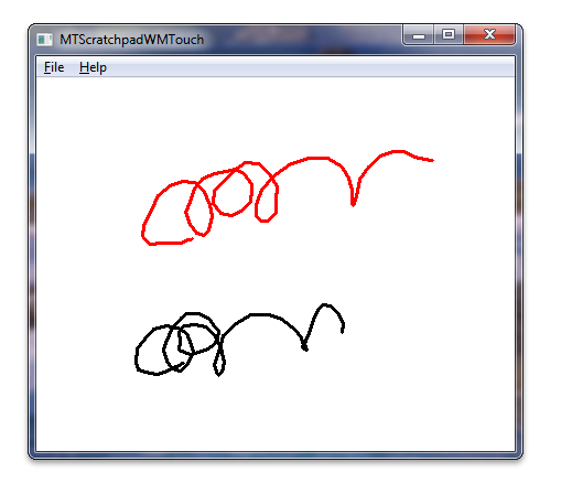 screenshot che mostra il touch scratchpad di Windows, con scoggli rossi e neri sullo schermo