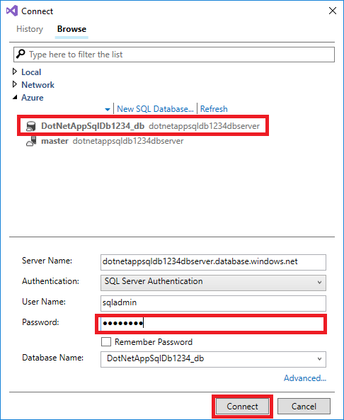 Visual Studio からデータベース接続を構成する