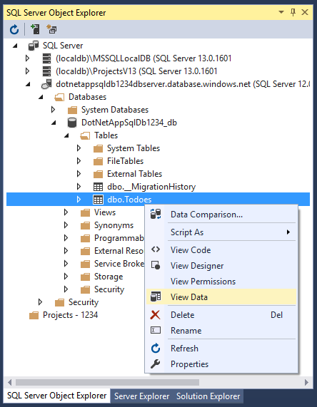 SQL Database オブジェクトを確認する