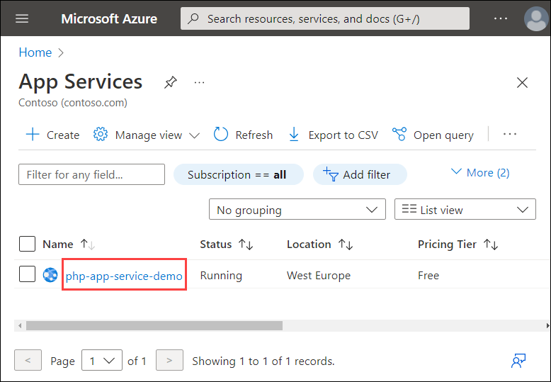 Azure における App Services の一覧のスクリーンショット。デモ アプリの名前が強調表示されている。